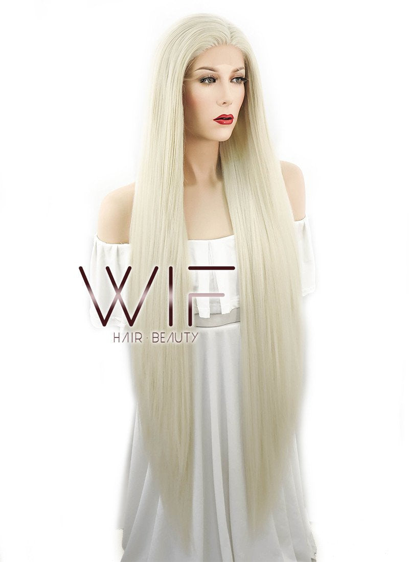 39" Long Straight Yaki Platinum Blonde Lace Front Synthetic Hair Wig LF701H