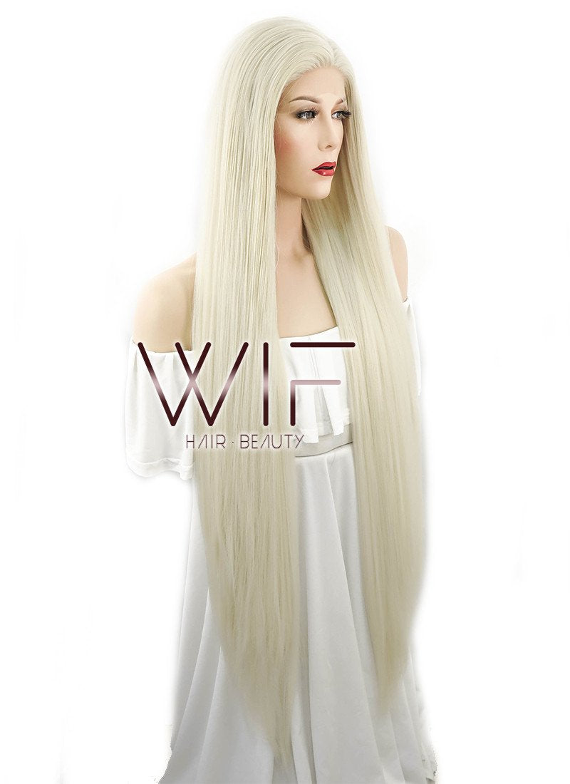 39" Long Straight Yaki Platinum Blonde Lace Front Synthetic Hair Wig LF701H