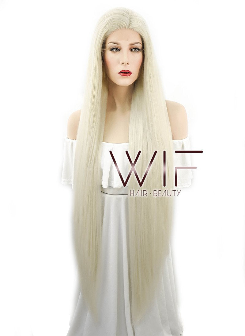 39" Long Straight Yaki Platinum Blonde Lace Front Synthetic Hair Wig LF701H