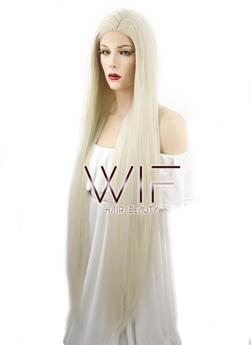 39" Long Straight Yaki Platinum Blonde Lace Front Synthetic Hair Wig LF701H