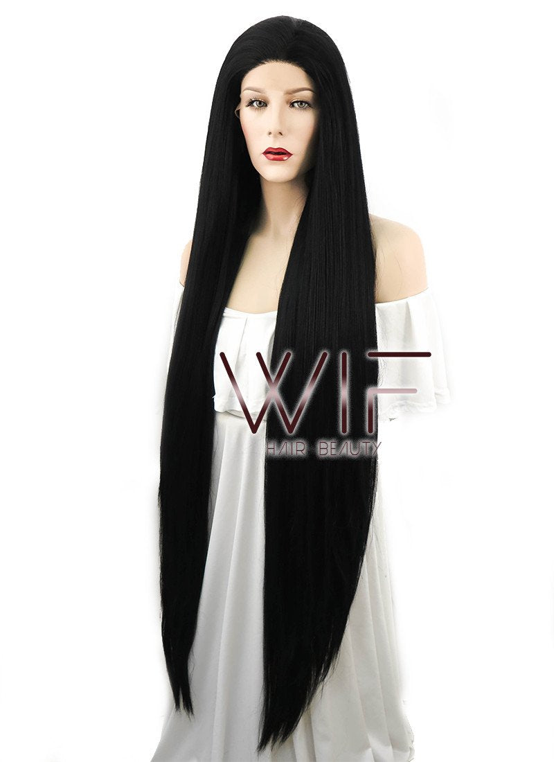 39" Long Straight Yaki Jet Black Lace Front Synthetic Hair Wig LF701R