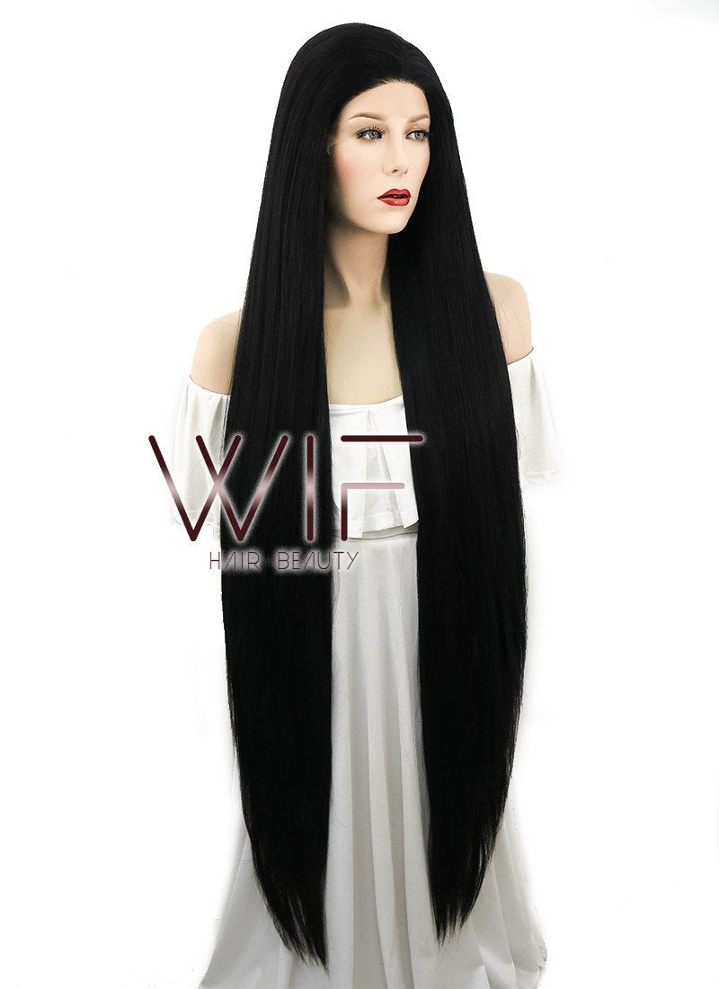 39" Long Straight Yaki Jet Black Lace Front Synthetic Hair Wig LF701R