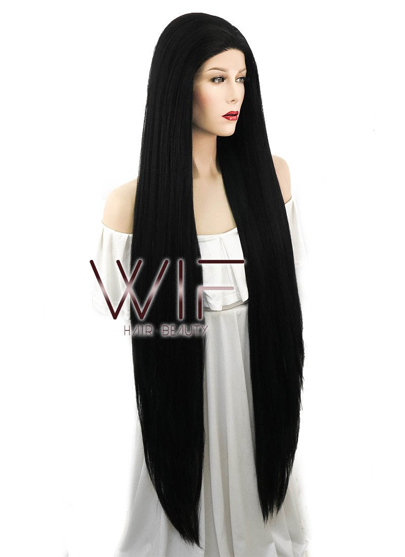 39" Long Straight Yaki Jet Black Lace Front Synthetic Hair Wig LF701R
