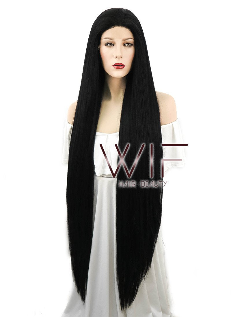 39" Long Straight Yaki Jet Black Lace Front Synthetic Hair Wig LF701R