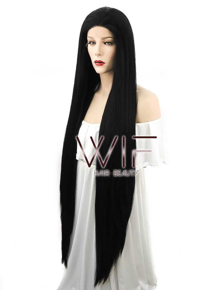 39" Long Straight Yaki Jet Black Lace Front Synthetic Hair Wig LF701R