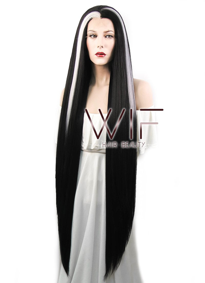 39" Straight Yaki Black Mixed White Lace Front Synthetic Wig LF701V