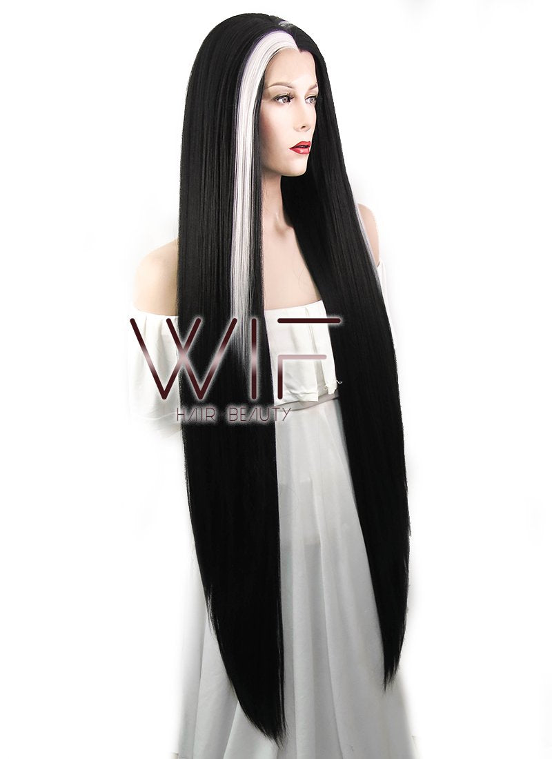 39" Straight Yaki Black Mixed White Lace Front Synthetic Wig LF701V