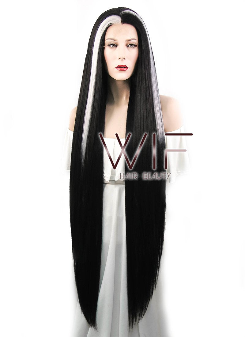39" Straight Yaki Black Mixed White Lace Front Synthetic Wig LF701V