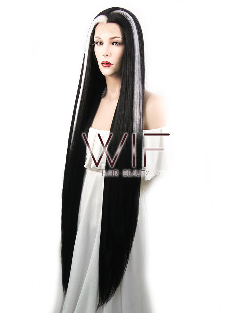 39" Straight Yaki Black Mixed White Lace Front Synthetic Wig LF701V