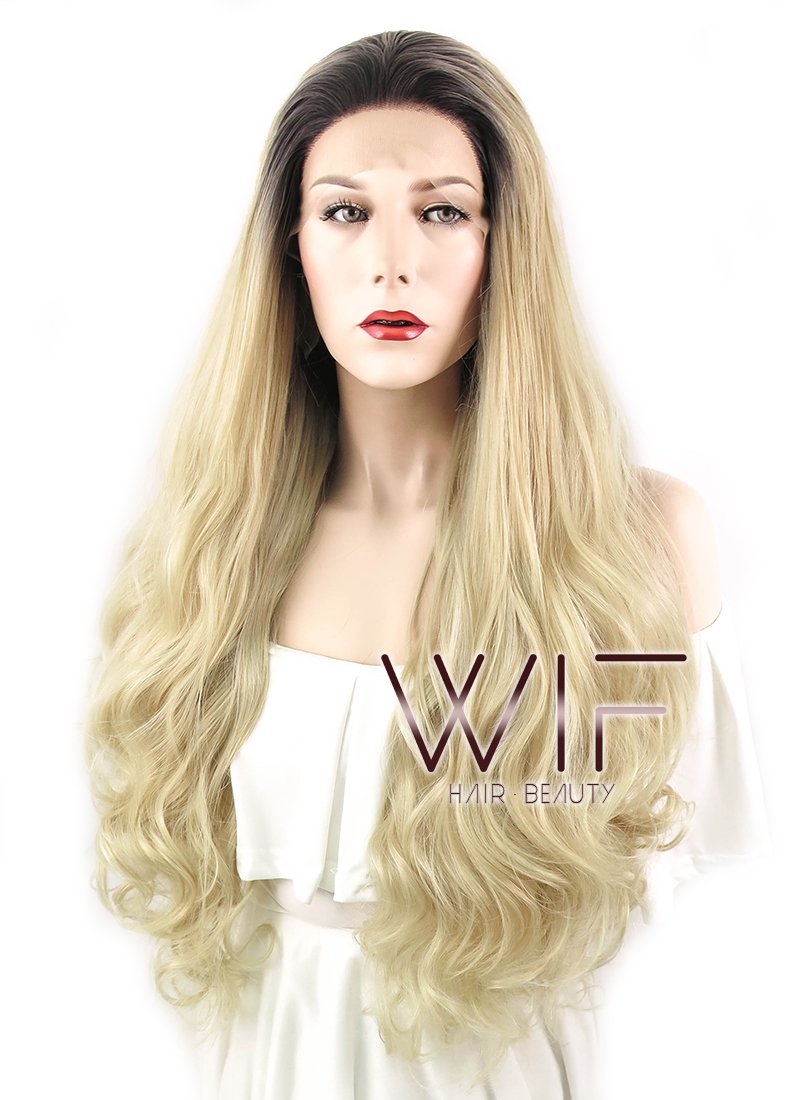 28" Wavy Blonde With Dark Roots Lace Front Synthetic Wig LF734