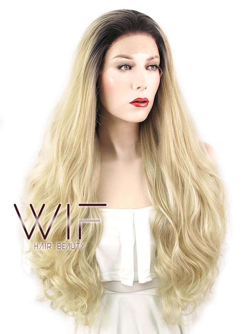 28" Wavy Blonde With Dark Roots Lace Front Synthetic Wig LF734