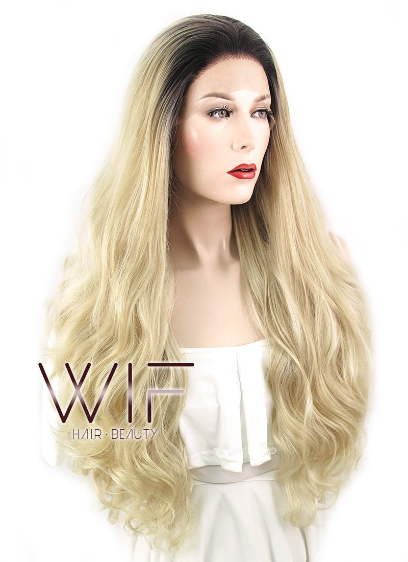 28" Wavy Blonde With Dark Roots Lace Front Synthetic Wig LF734