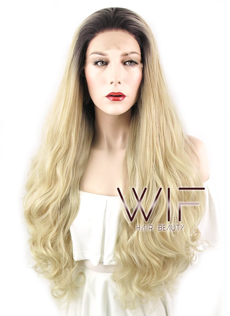 28" Wavy Blonde With Dark Roots Lace Front Synthetic Wig LF734