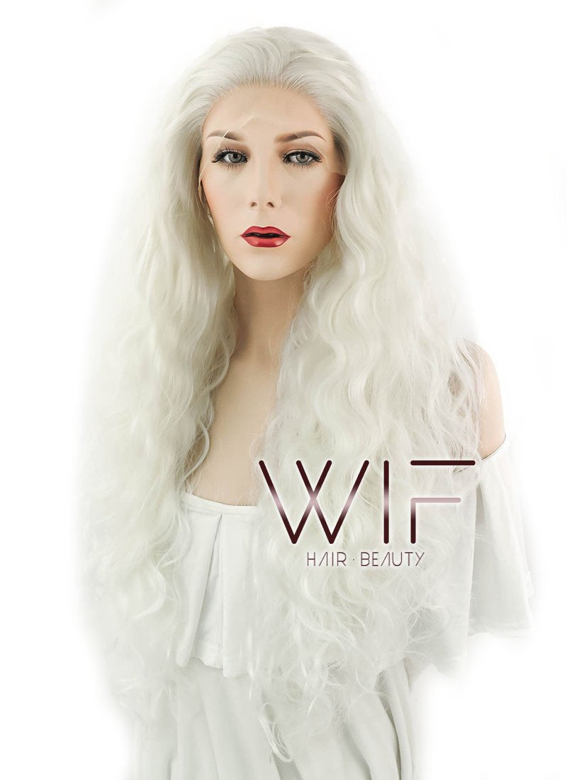 28" Wavy White Platinum Blonde Lace Front Synthetic Wig LF741B