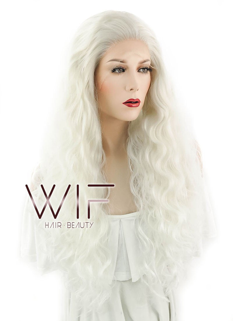 28" Wavy White Platinum Blonde Lace Front Synthetic Wig LF741B