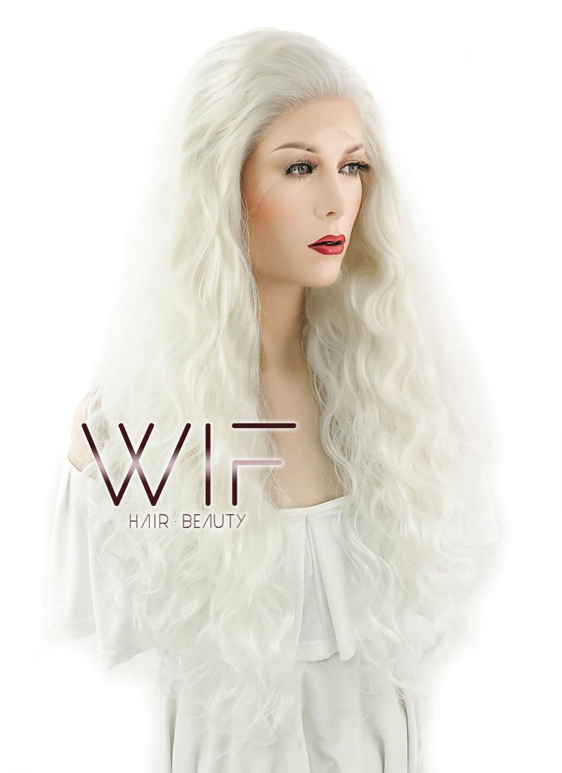 28" Wavy White Platinum Blonde Lace Front Synthetic Wig LF741B