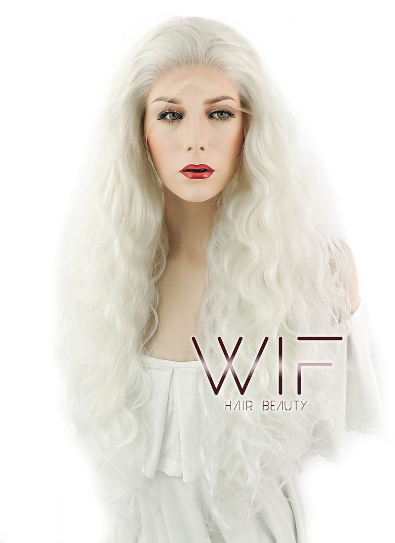 28" Wavy White Platinum Blonde Lace Front Synthetic Wig LF741B