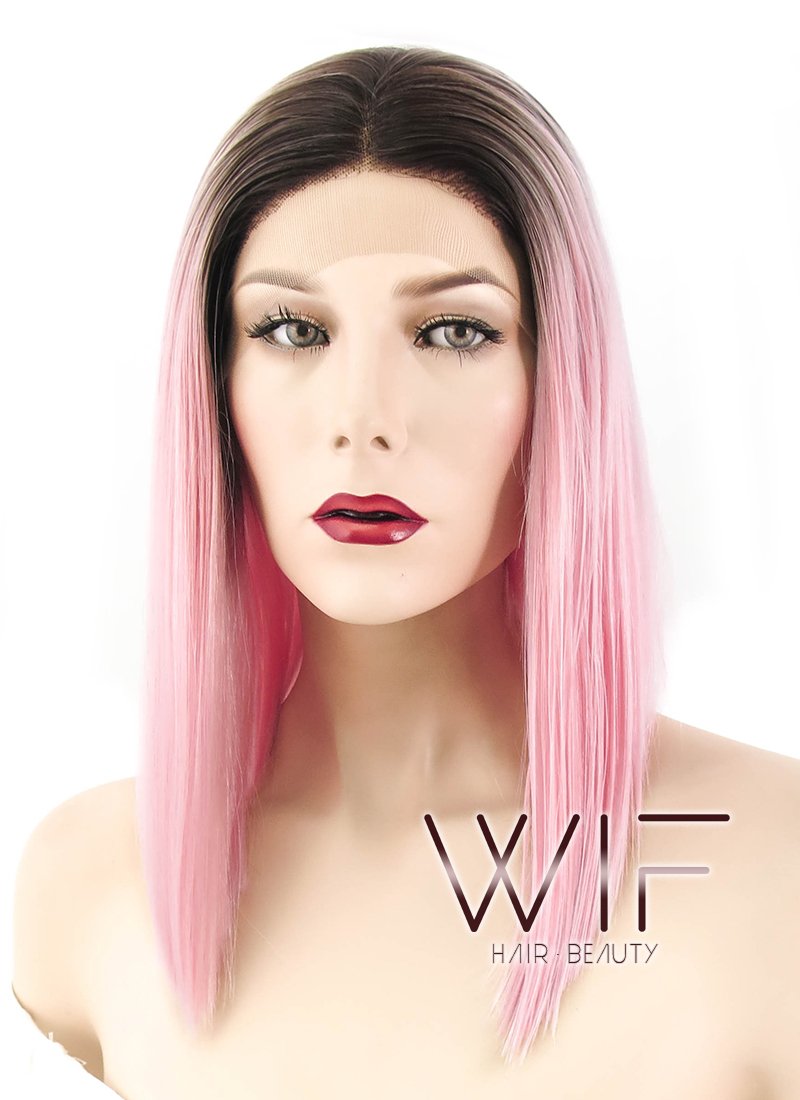 14" Straight Pink With Dark Roots Lace Front Synthetic Wig LF770