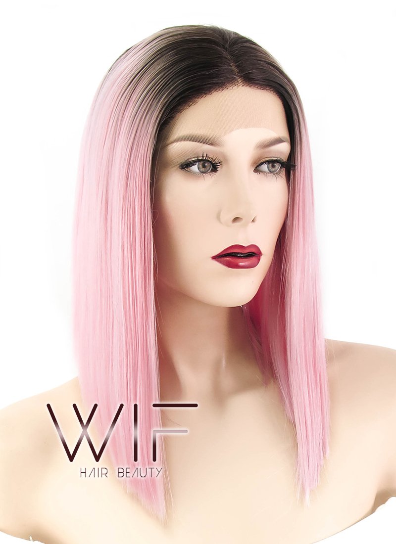 14" Straight Pink With Dark Roots Lace Front Synthetic Wig LF770