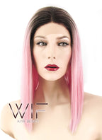 14" Straight Pink With Dark Roots Lace Front Synthetic Wig LF770