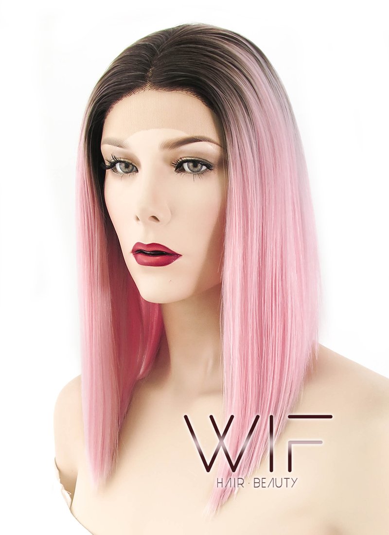 14" Straight Pink With Dark Roots Lace Front Synthetic Wig LF770
