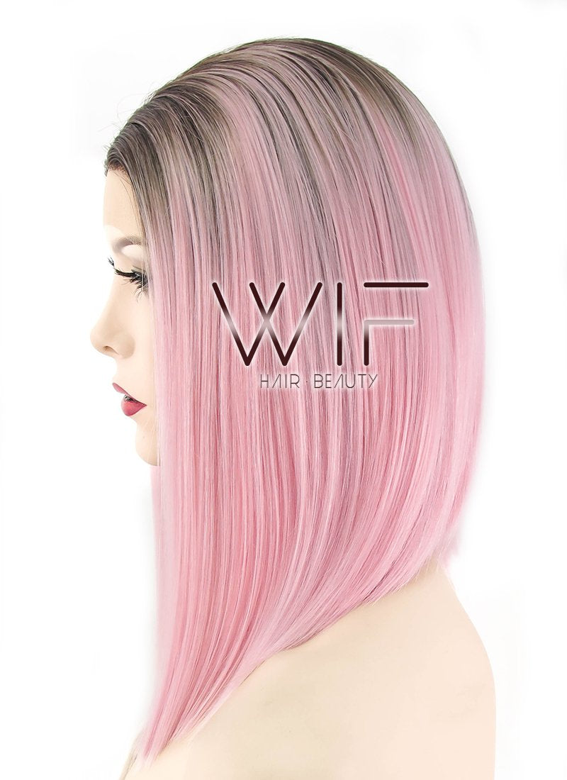 14" Straight Pink With Dark Roots Lace Front Synthetic Wig LF770