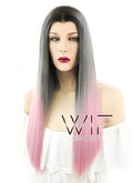 24" Straight Grey Pink Ombre With Dark Roots Lace Front Synthetic Wig LF786
