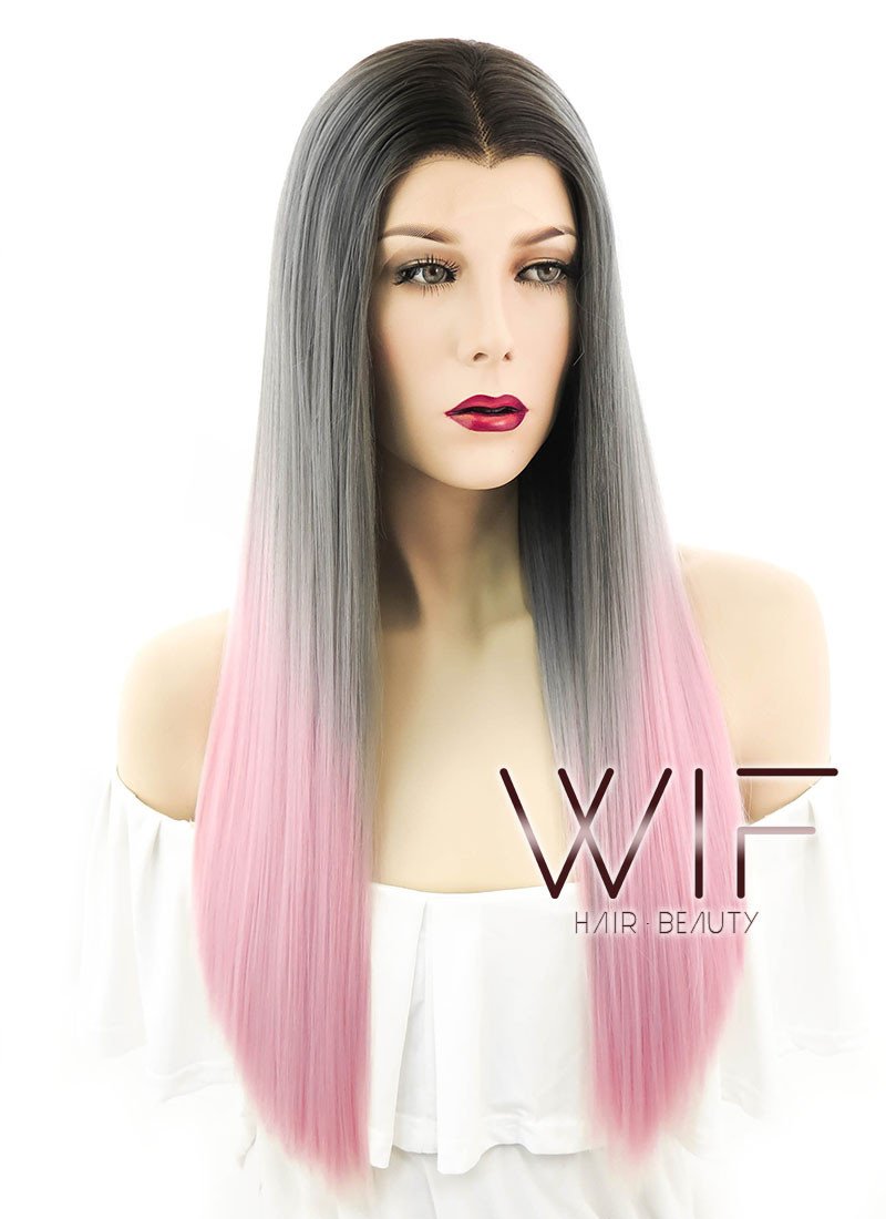 24" Straight Grey Pink Ombre With Dark Roots Lace Front Synthetic Wig LF786