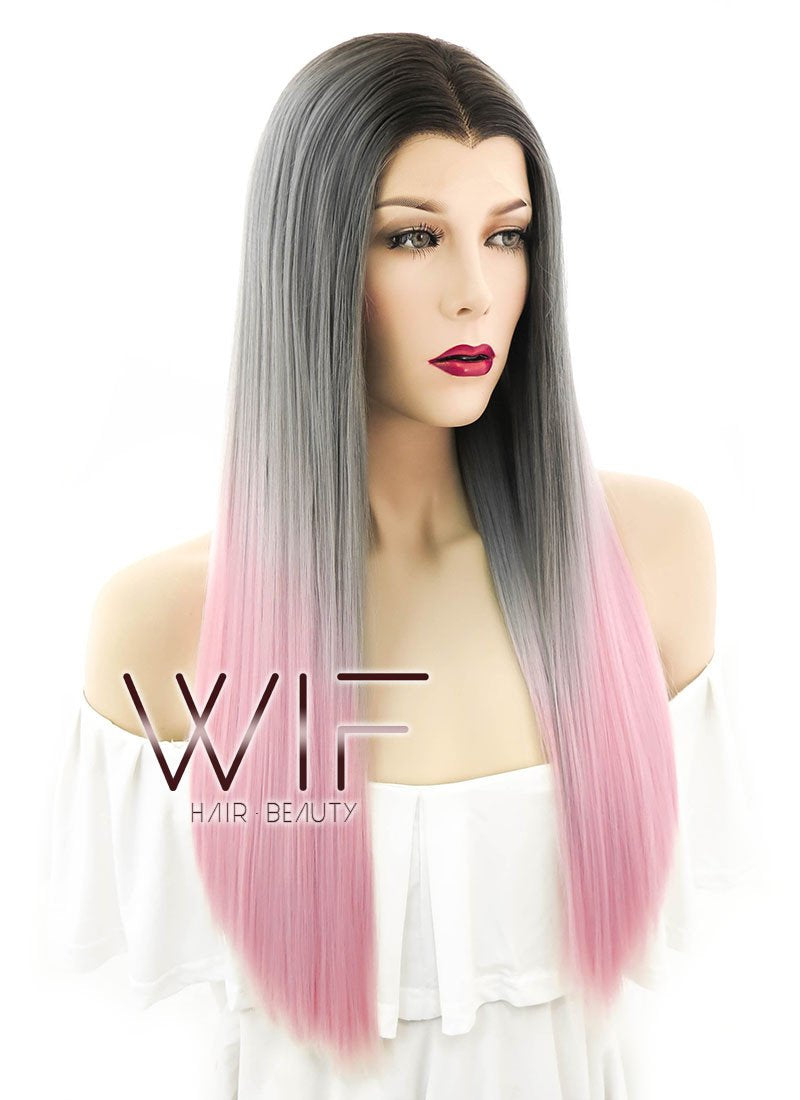 24" Straight Grey Pink Ombre With Dark Roots Lace Front Synthetic Wig LF786
