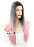 24" Straight Grey Pink Ombre With Dark Roots Lace Front Synthetic Wig LF786