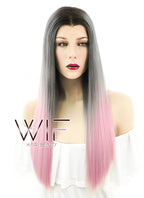 24" Straight Grey Pink Ombre With Dark Roots Lace Front Synthetic Wig LF786