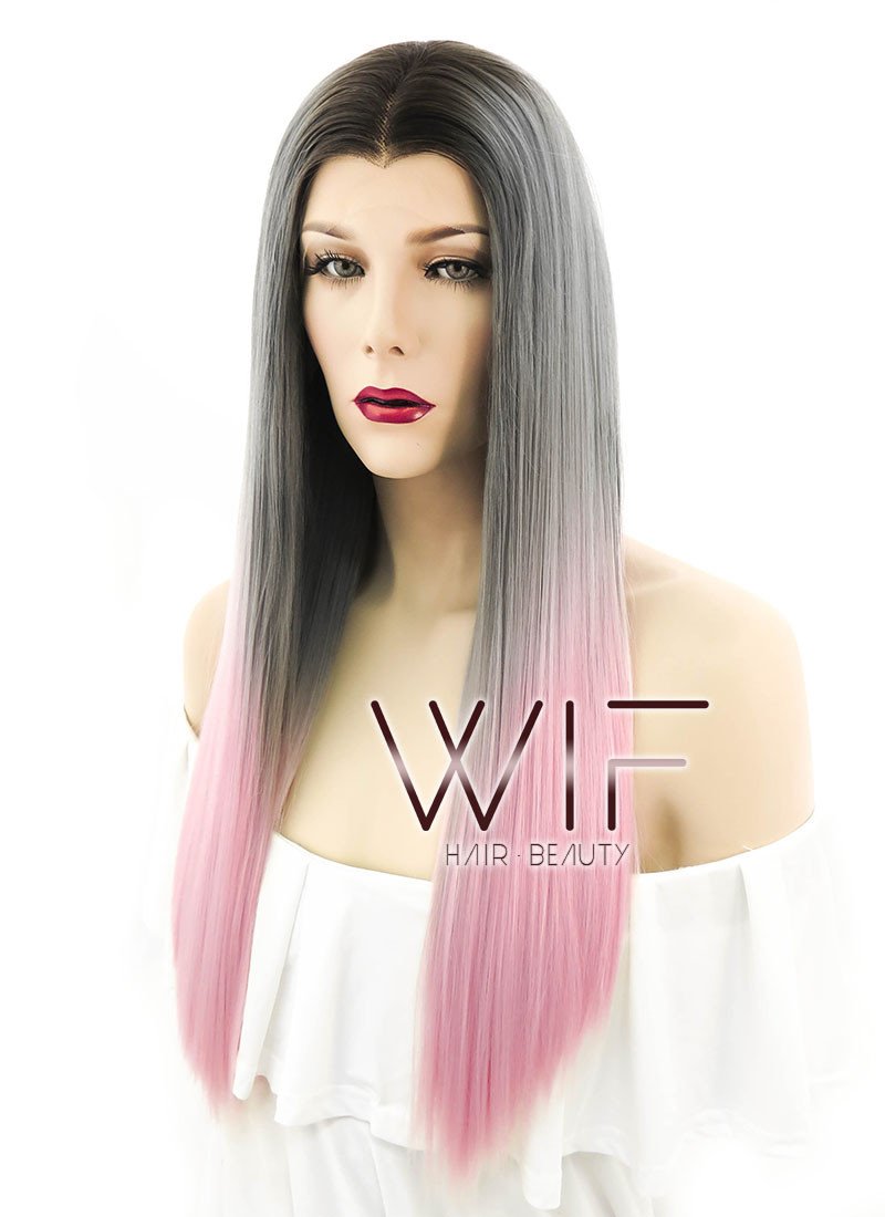 24" Straight Grey Pink Ombre With Dark Roots Lace Front Synthetic Wig LF786