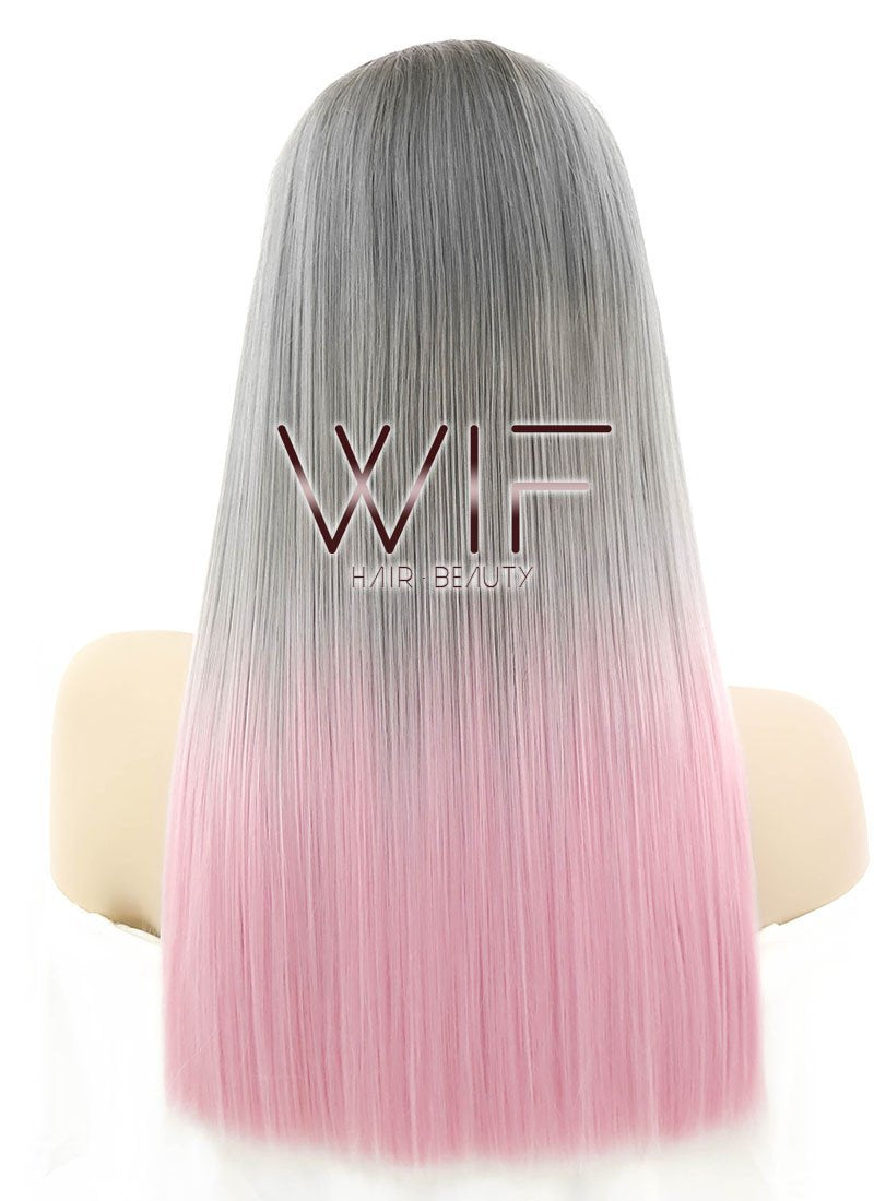 24" Straight Grey Pink Ombre With Dark Roots Lace Front Synthetic Wig LF786