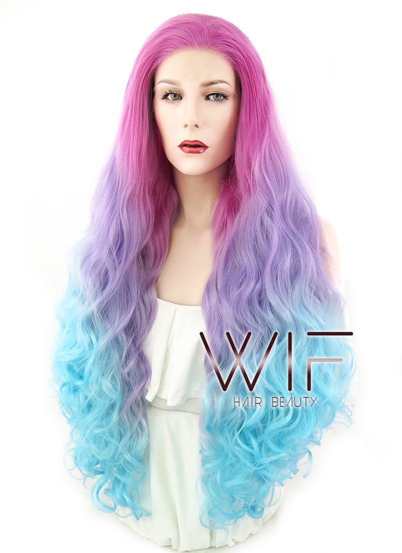 30" Wavy Magenta Purple Blue Ombre Lace Front Synthetic Wig LF804