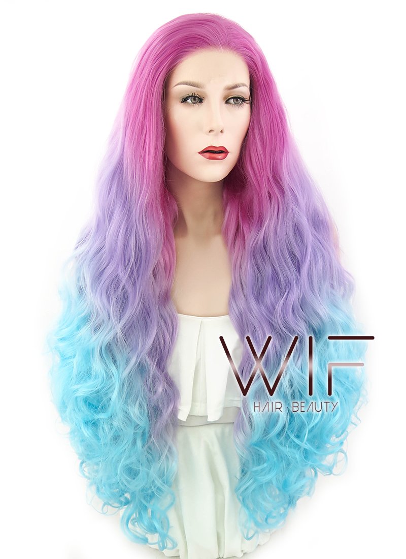 30" Wavy Magenta Purple Blue Ombre Lace Front Synthetic Wig LF804