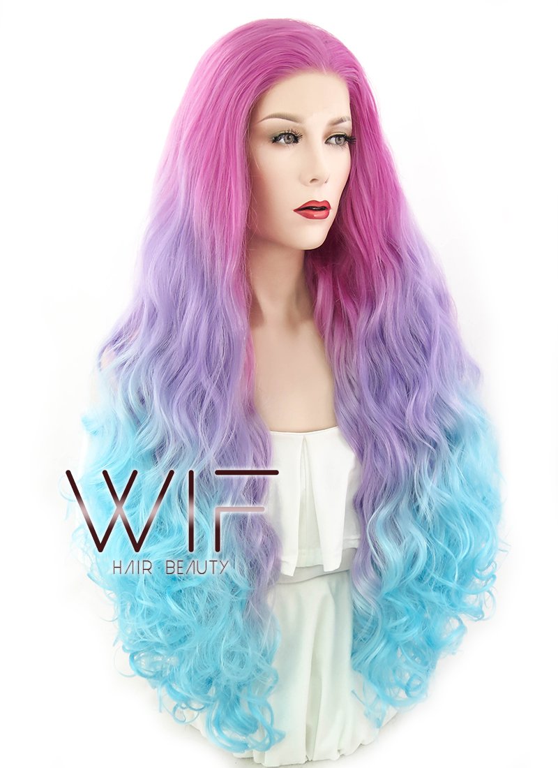 30" Wavy Magenta Purple Blue Ombre Lace Front Synthetic Wig LF804