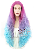 30" Wavy Magenta Purple Blue Ombre Lace Front Synthetic Wig LF804