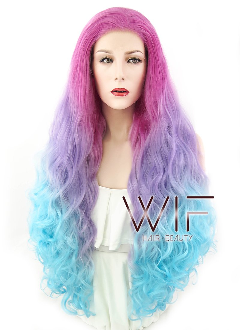 30" Wavy Magenta Purple Blue Ombre Lace Front Synthetic Wig LF804