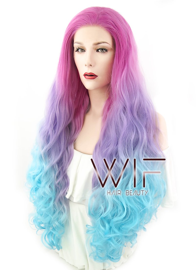 30" Wavy Magenta Purple Blue Ombre Lace Front Synthetic Wig LF804