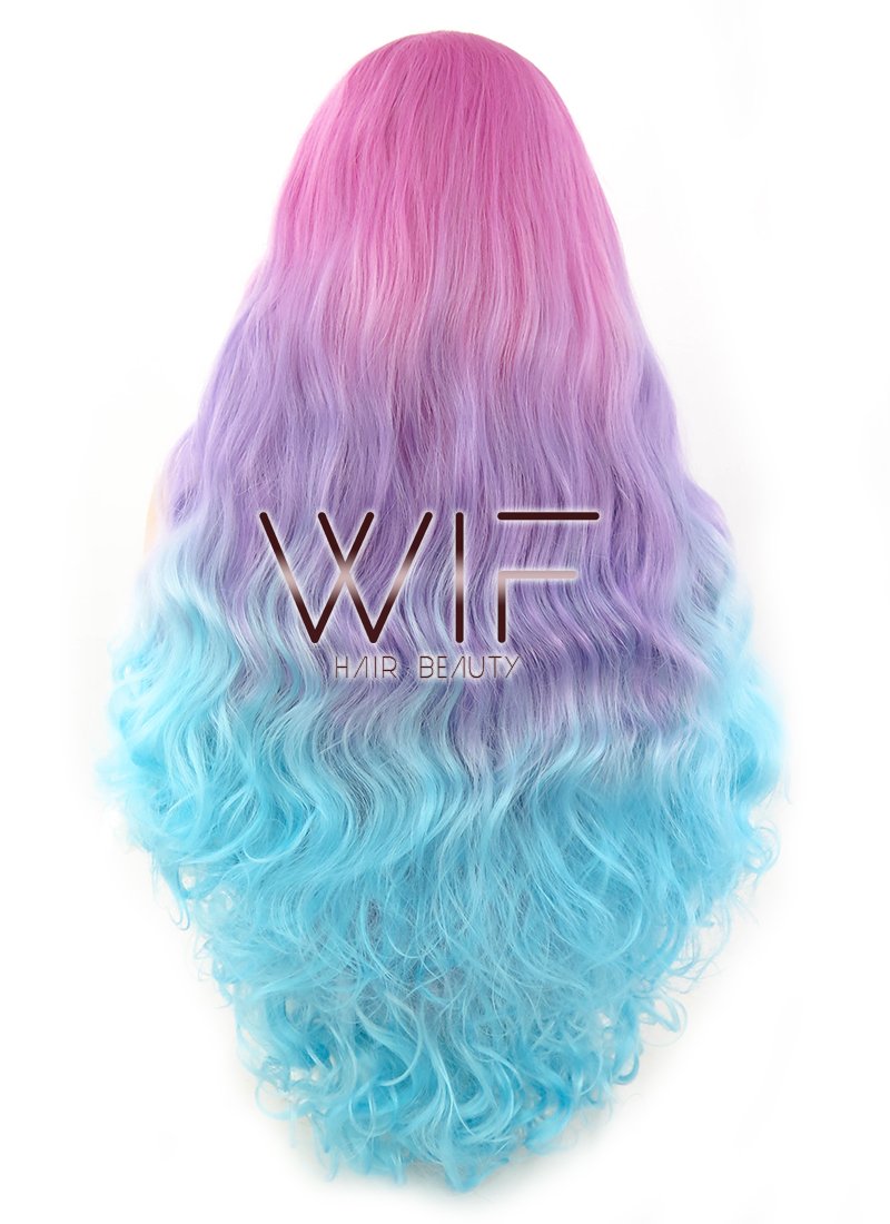 30" Wavy Magenta Purple Blue Ombre Lace Front Synthetic Wig LF804
