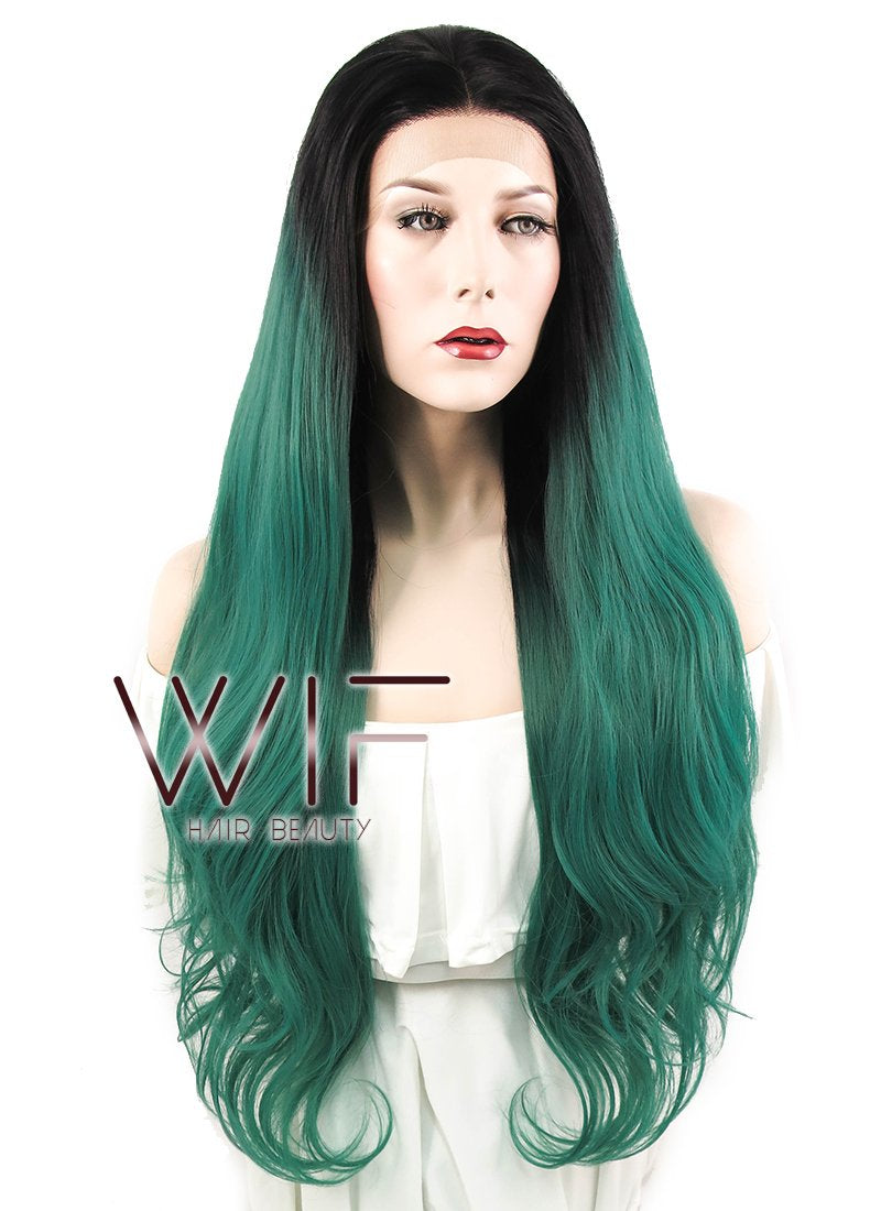 28" Wavy Dark Green With Dark Roots Lace Front Synthetic Wig LF811