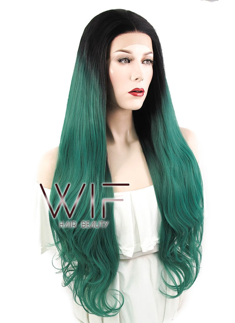 28" Wavy Dark Green With Dark Roots Lace Front Synthetic Wig LF811