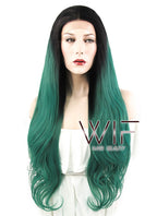 28" Wavy Dark Green With Dark Roots Lace Front Synthetic Wig LF811