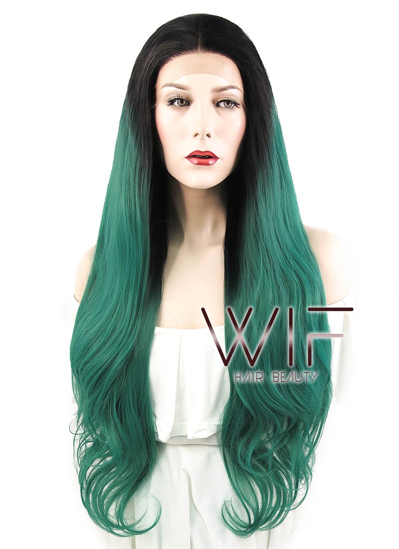 28" Wavy Dark Green With Dark Roots Lace Front Synthetic Wig LF811