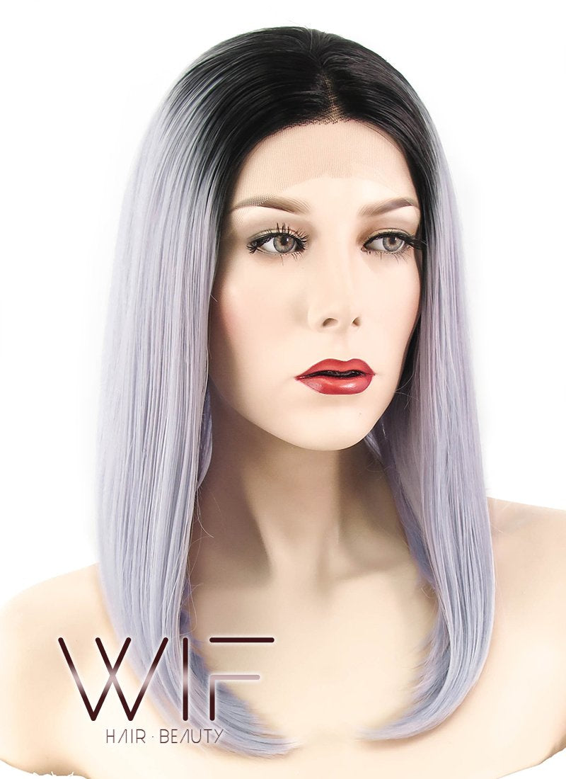 16" Straight Purplish Grey With Dark Roots Lace Front Synthetic Wig LF812
