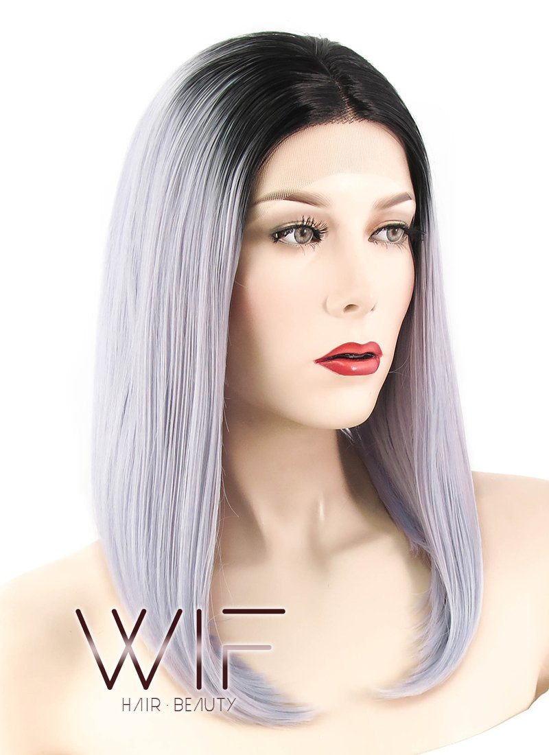 16" Straight Purplish Grey With Dark Roots Lace Front Synthetic Wig LF812