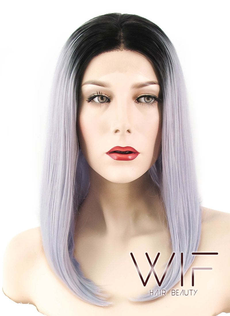16" Straight Purplish Grey With Dark Roots Lace Front Synthetic Wig LF812