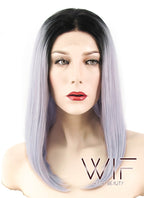 16" Straight Purplish Grey With Dark Roots Lace Front Synthetic Wig LF812
