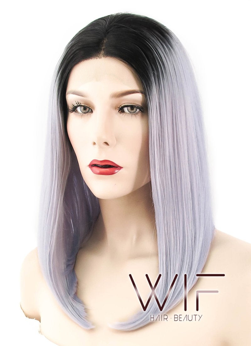 16" Straight Purplish Grey With Dark Roots Lace Front Synthetic Wig LF812