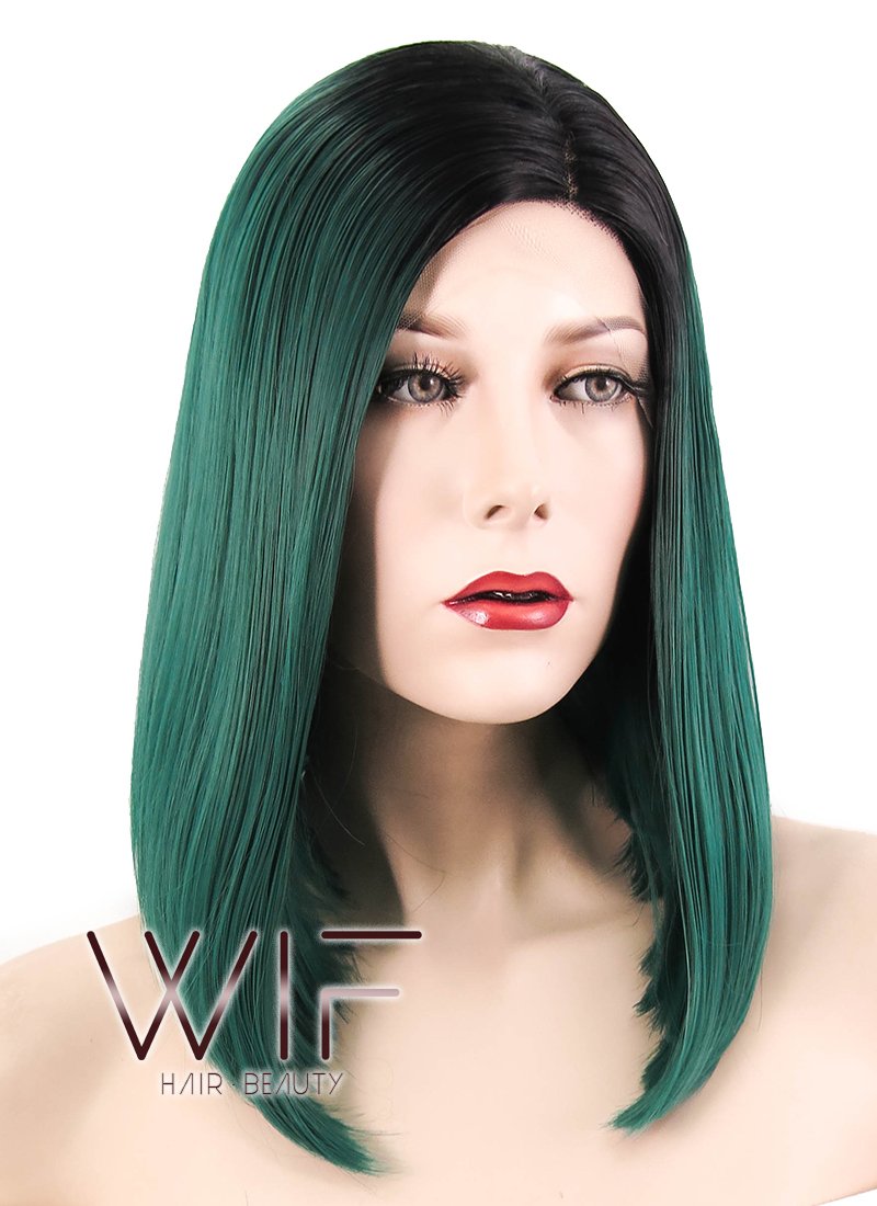 14" Straight Dark Green With Dark Roots Lace Front Synthetic Wig LF819